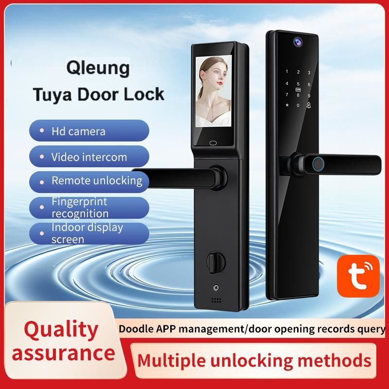 Qleung Video Calling Camera Wifi Fingerprint Code Key Card Tuya Door Lock for Home Hotel